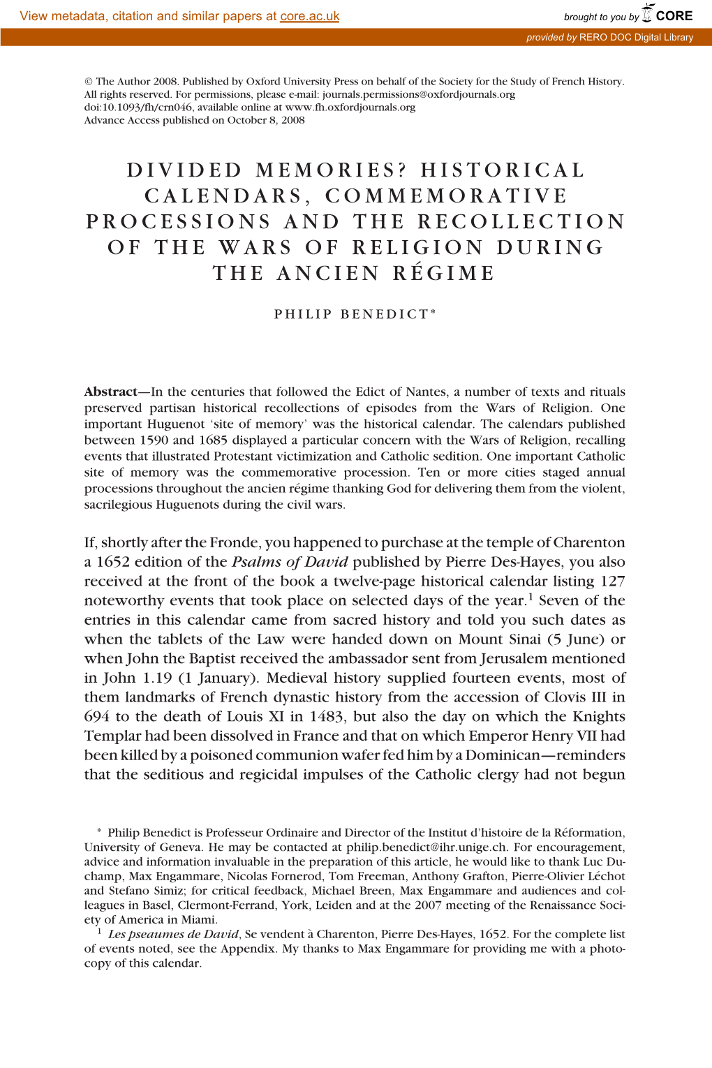 Historical Calendars, Commemorative Processions and the Recollection of the Wars of Religion During the Ancien Régime