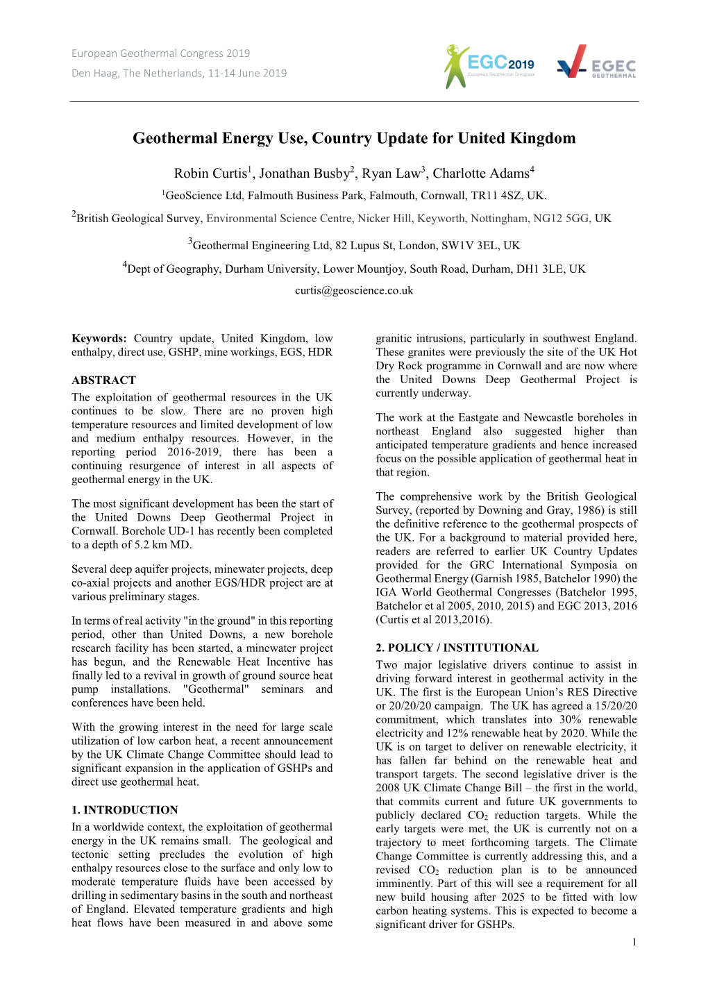 Geothermal Energy Use, Country Update for United Kingdom