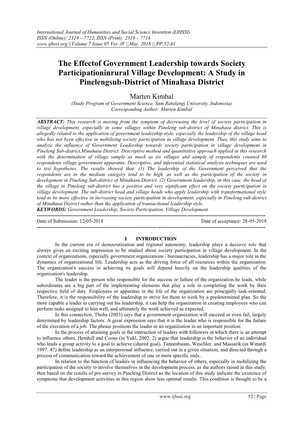 The Effectof Government Leadership Towards Society Participationinrural Village Development: a Study in Pinelengsub-District of Minahasa District