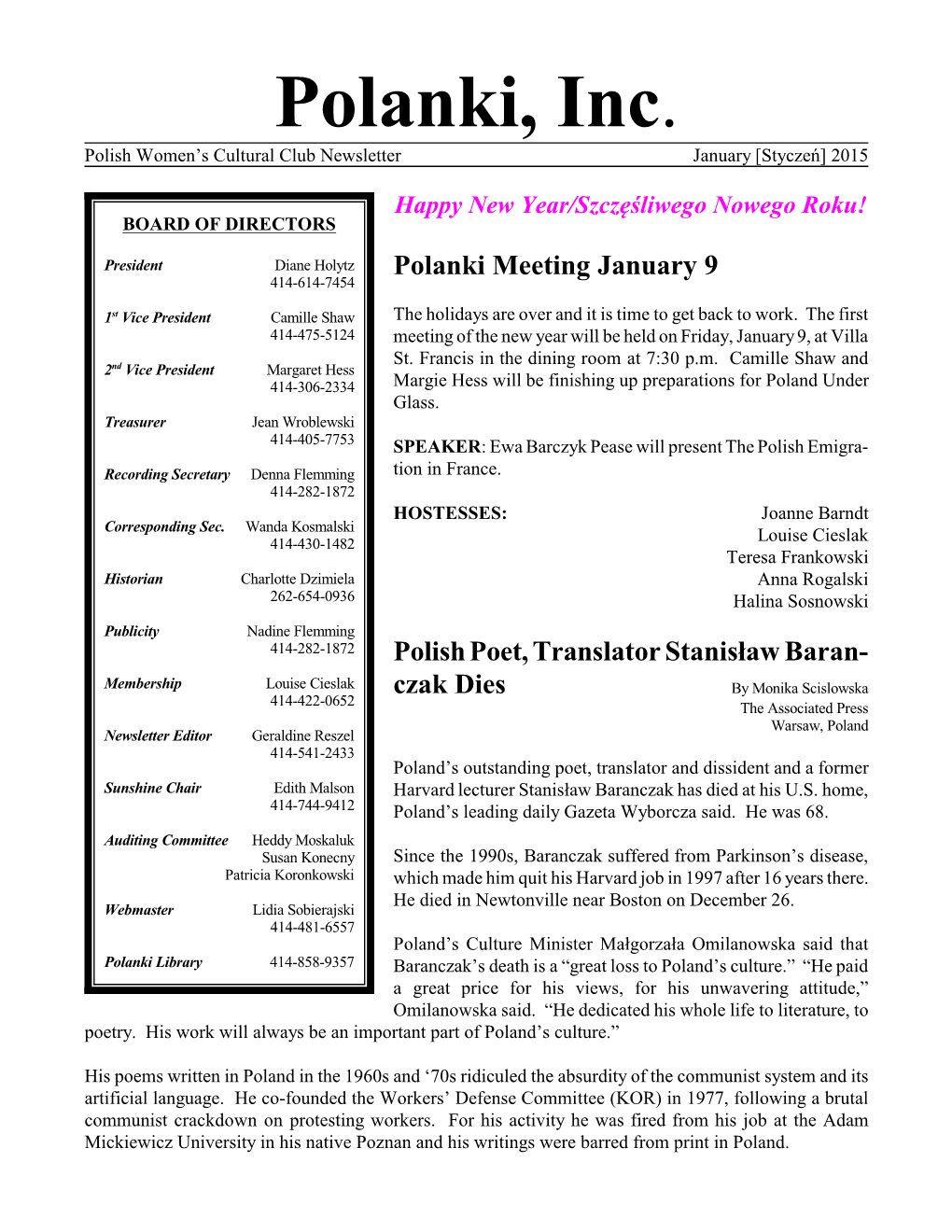 Polanki, Inc. Polish Women’S Cultural Club Newsletter January [Styczeñ] 2015