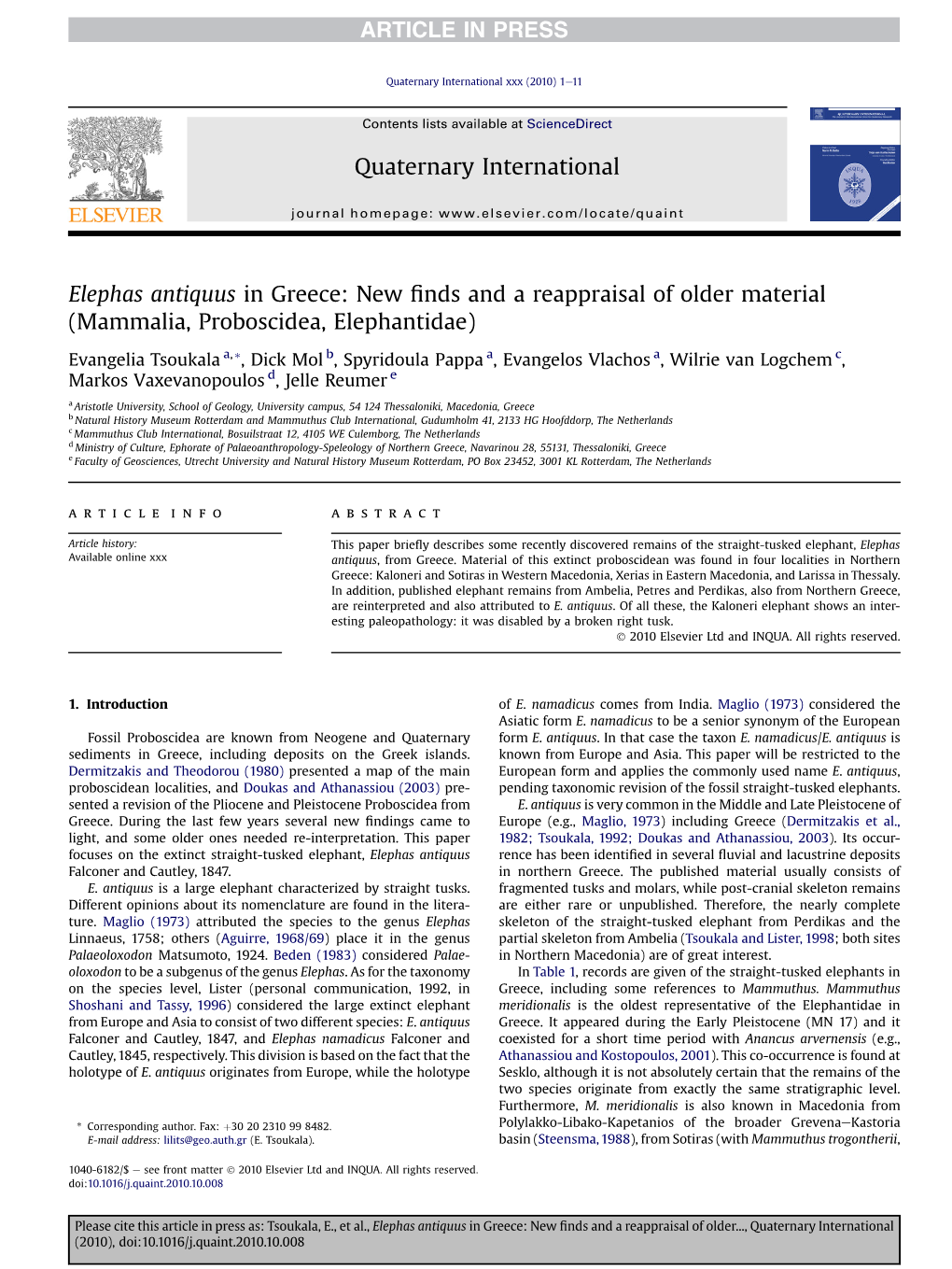 Elephas Antiquus in Greece: New ﬁnds and a Reappraisal of Older Material (Mammalia, Proboscidea, Elephantidae)