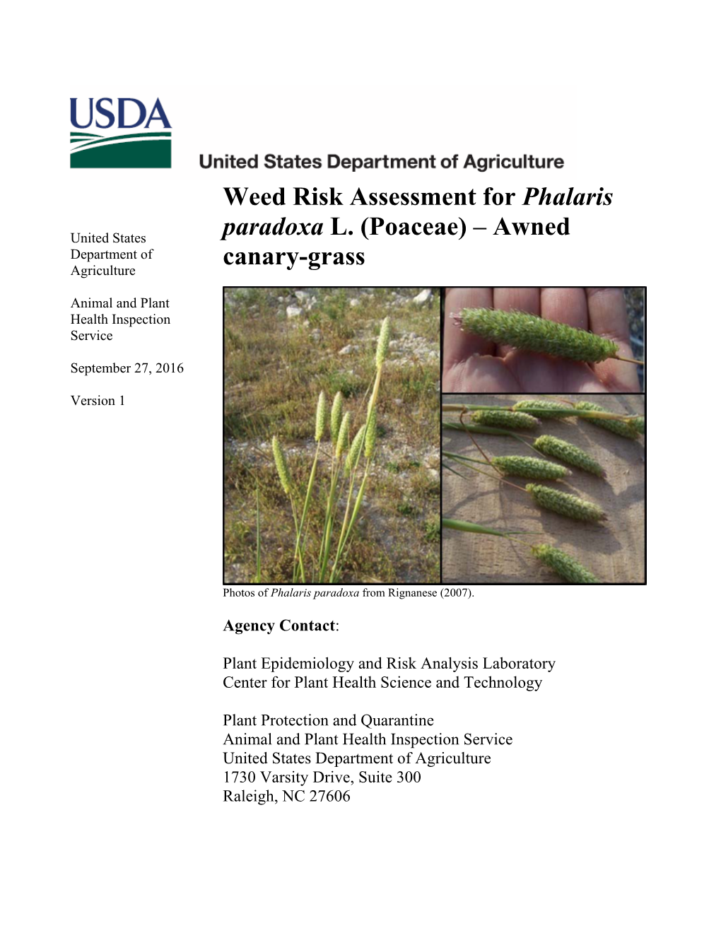 Weed Risk Assessment for Phalaris Paradoxa L. (Poaceae)