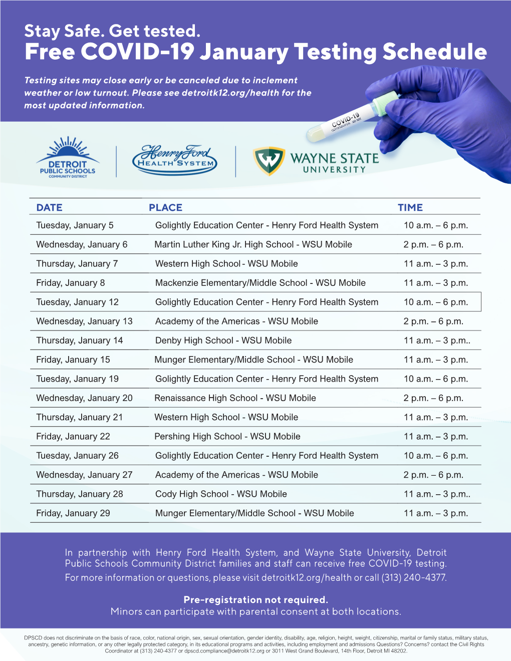 Free COVID-19 January Testing Schedule