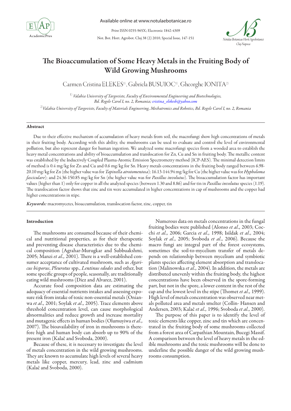 The Bioaccumulation of Some Heavy Metals in the Fruiting Body of Wild Growing Mushrooms