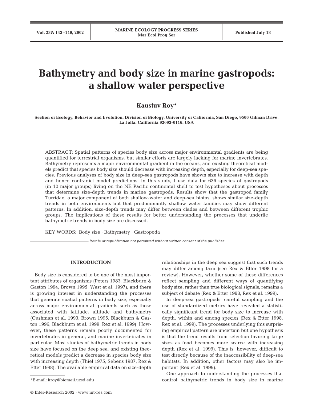 Bathymetry and Body Size in Marine Gastropods: a Shallow Water Perspective