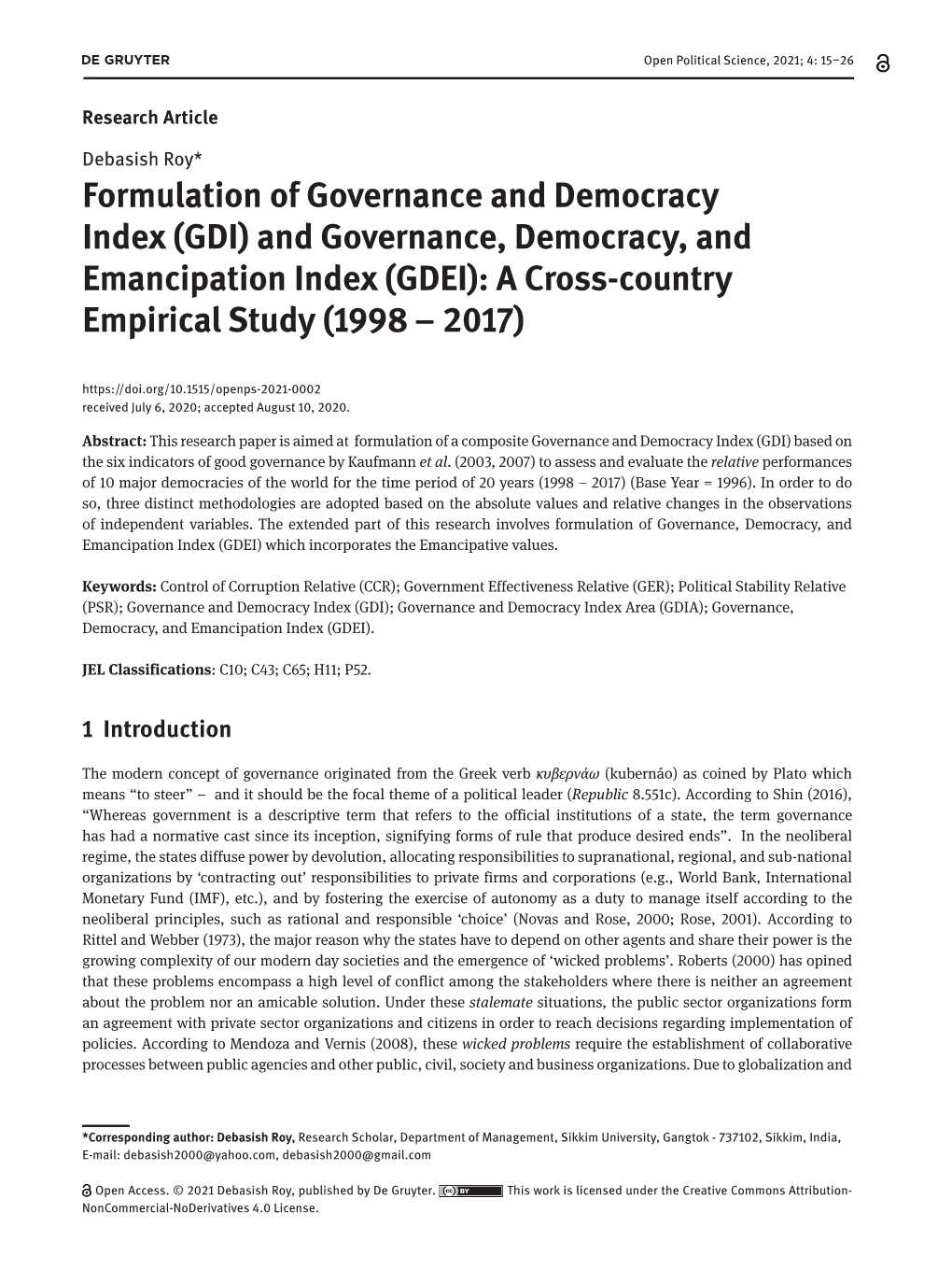 GDI) and Governance, Democracy, and Emancipation Index (GDEI): a Cross-Country Empirical Study (1998 – 2017