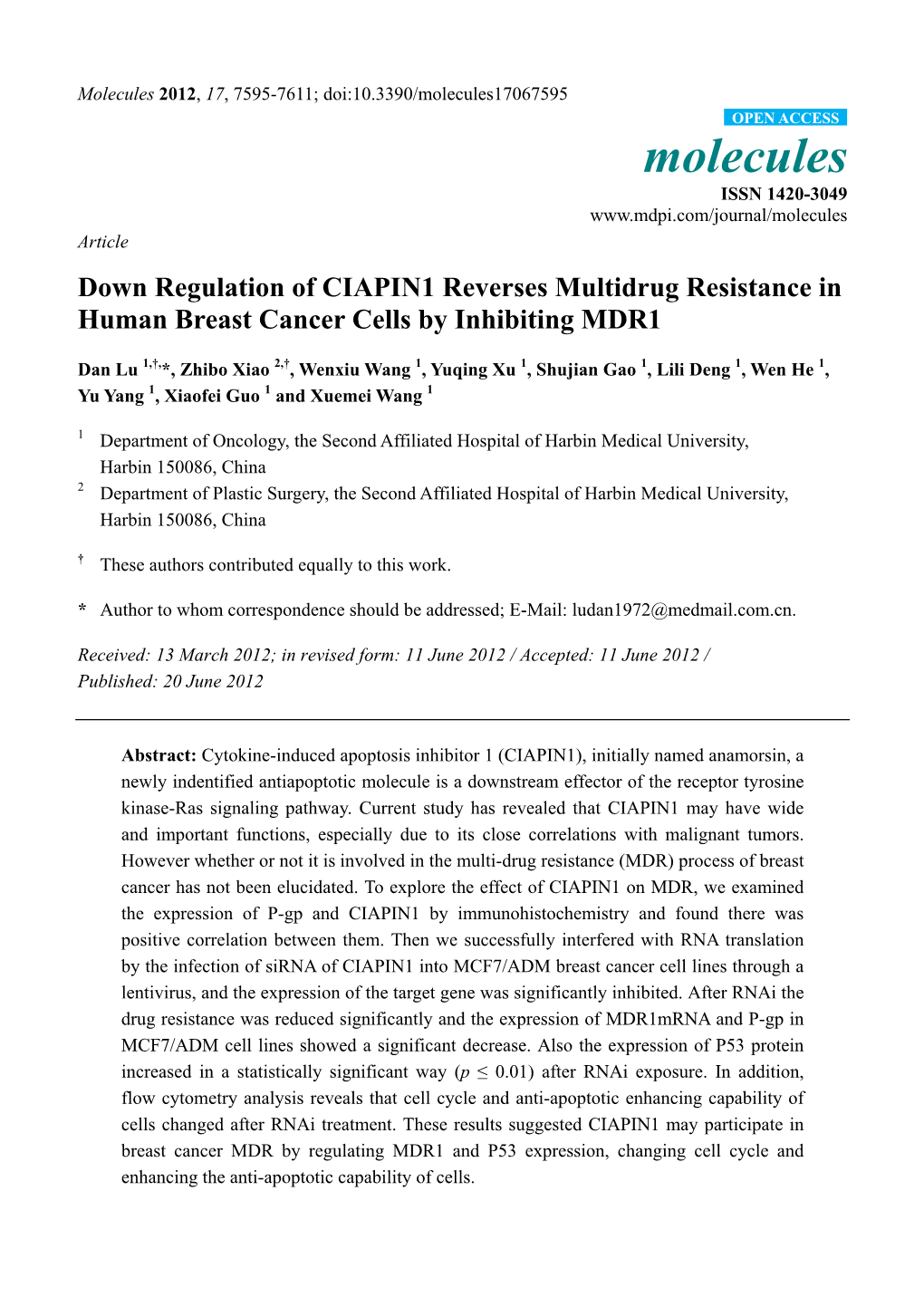 Down Regulation of CIAPIN1 Reverses Multidrug Resistance in Human Breast Cancer Cells by Inhibiting MDR1