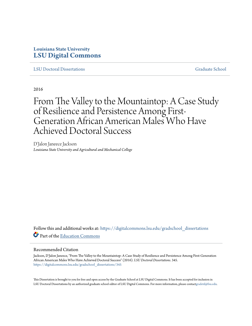 From the Valley to the Mountaintop: a Case Study of Resilience and Persistence Among First-Generation African American Males Who Have Achieved Doctoral Success