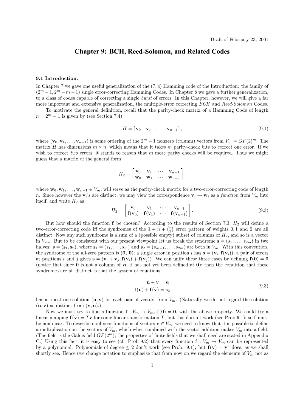 Chapter 9: BCH, Reed-Solomon, and Related Codes