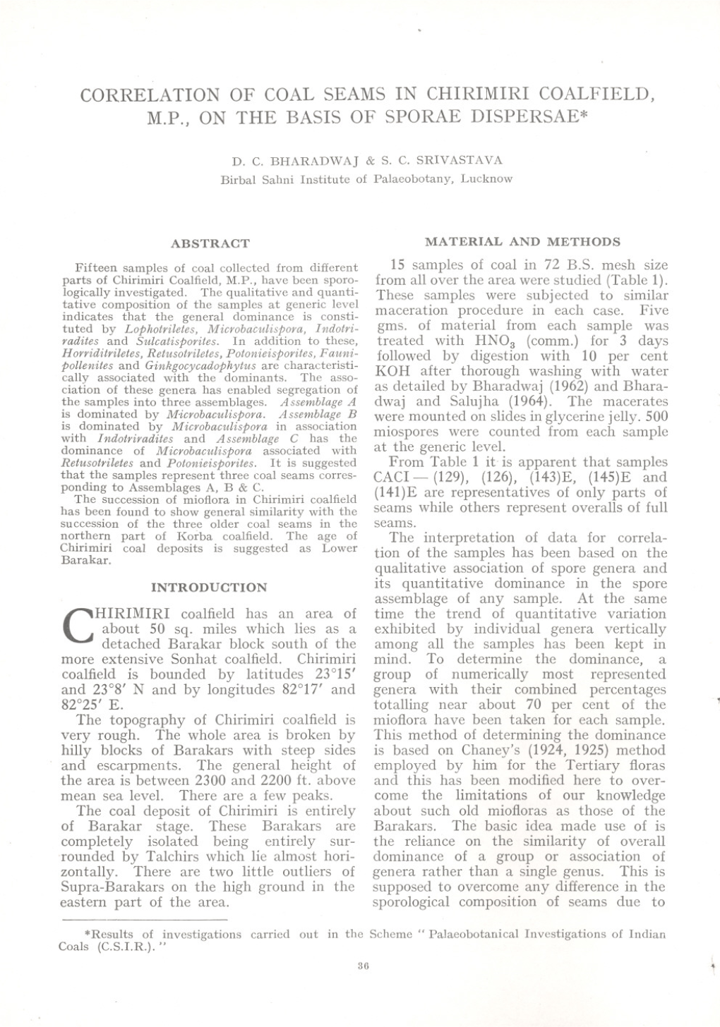 Correlation of Coal Seams in Chirimiri Coalfield, M.P., on the Basis of Sporae Dispersae*