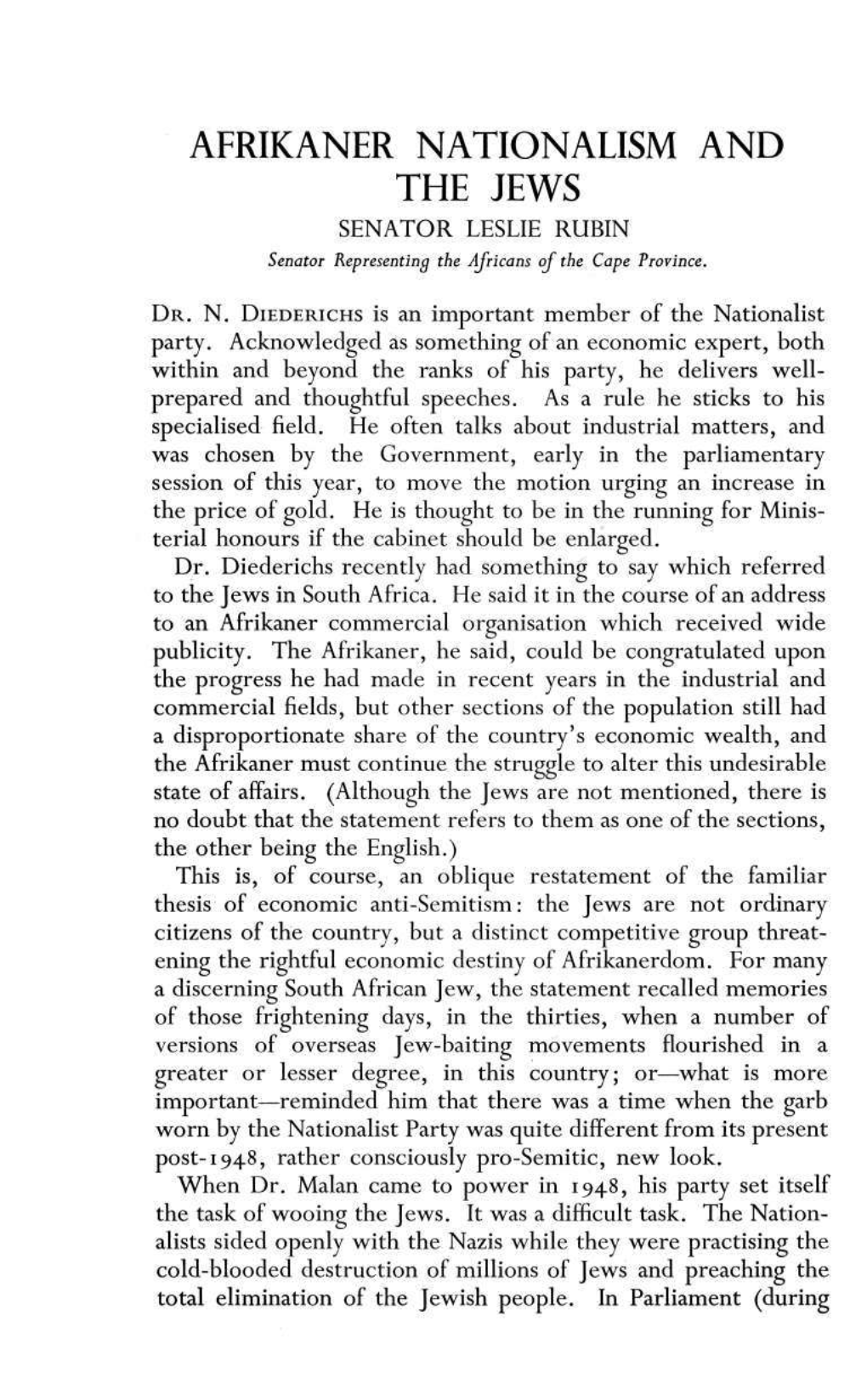 AFRIKANER NATIONALISM and the JEWS SENATOR LESLIE RUBIN Senator Representing the Africans of the Cape Province