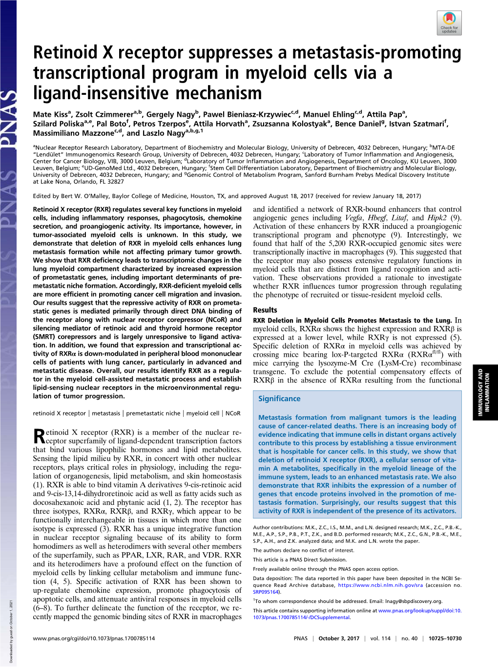 Retinoid X Receptor Suppresses a Metastasis-Promoting Transcriptional Program in Myeloid Cells Via a Ligand-Insensitive Mechanism