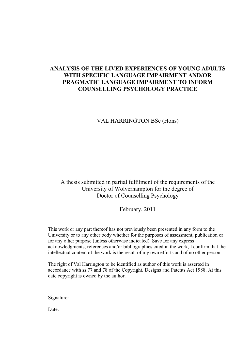 Analysis of the Lived Experiences of Young Adults with Specific Language Impairment And/Or