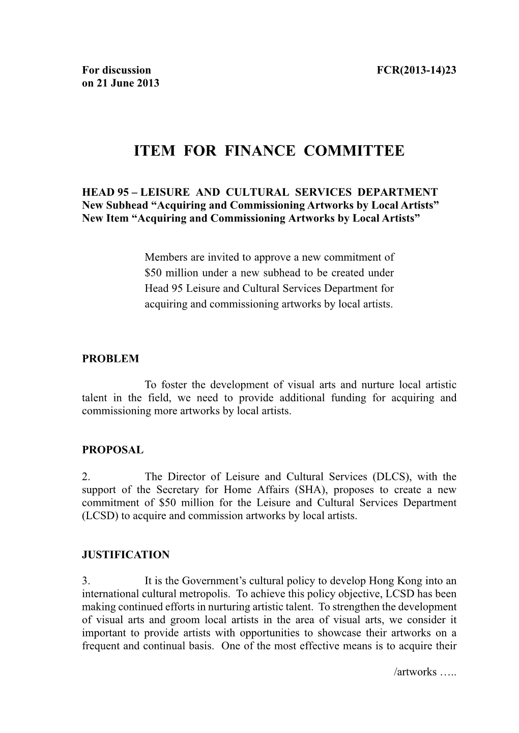 Item for Finance Committee