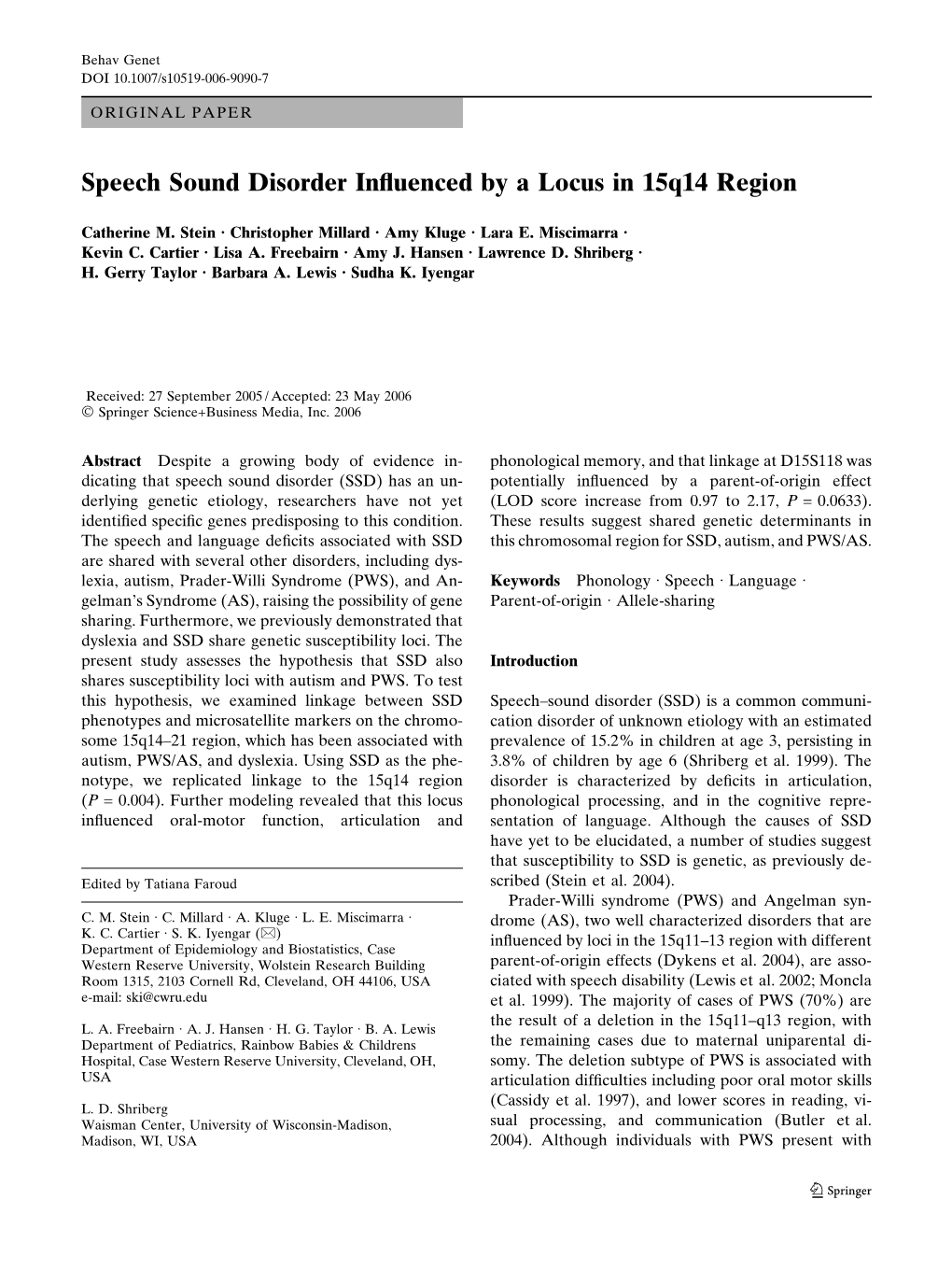 Speech Sound Disorder Influenced by a Locus in 15Q14 Region