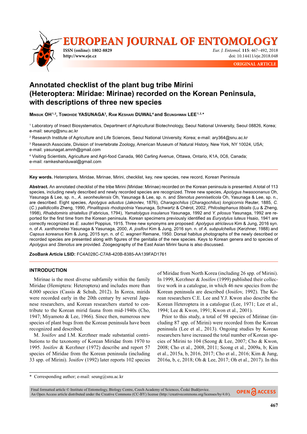 Annotated Checklist of the Plant Bug Tribe Mirini (Heteroptera: Miridae: Mirinae) Recorded on the Korean Peninsula, with Descriptions of Three New Species