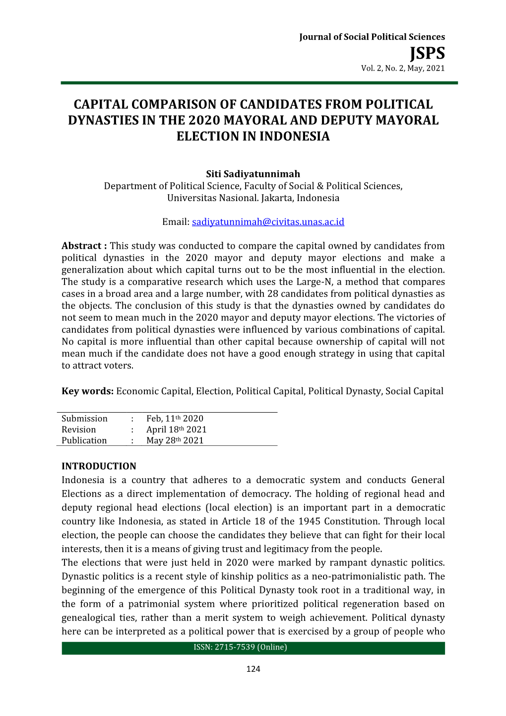 Capital Comparison of Candidates from Political Dynasties in the 2020 Mayoral and Deputy Mayoral Election in Indonesia