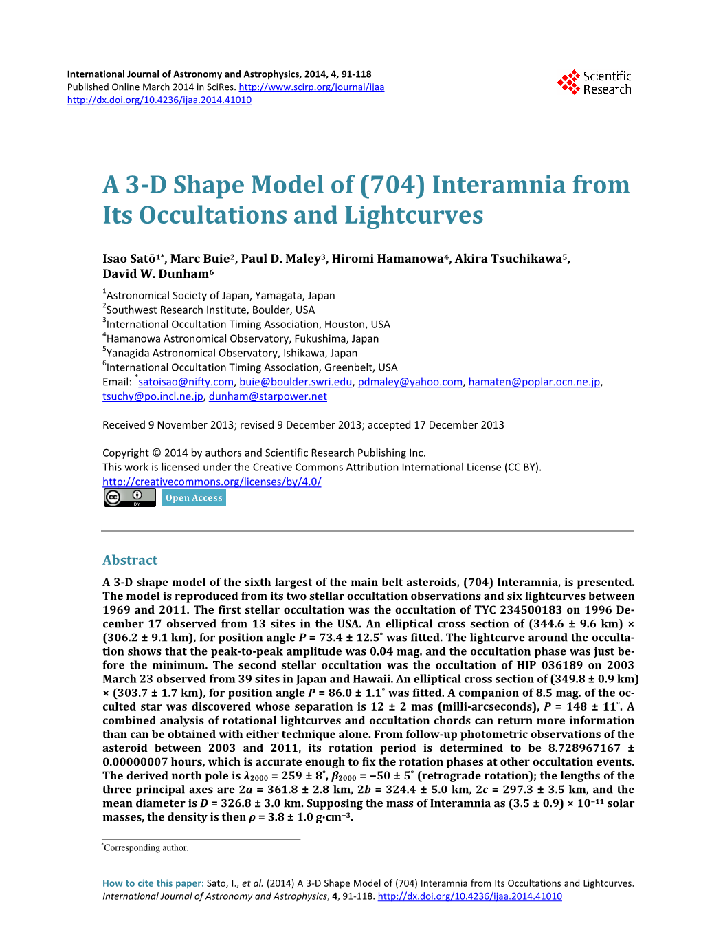 (704) Interamnia from Its Occultations and Lightcurves