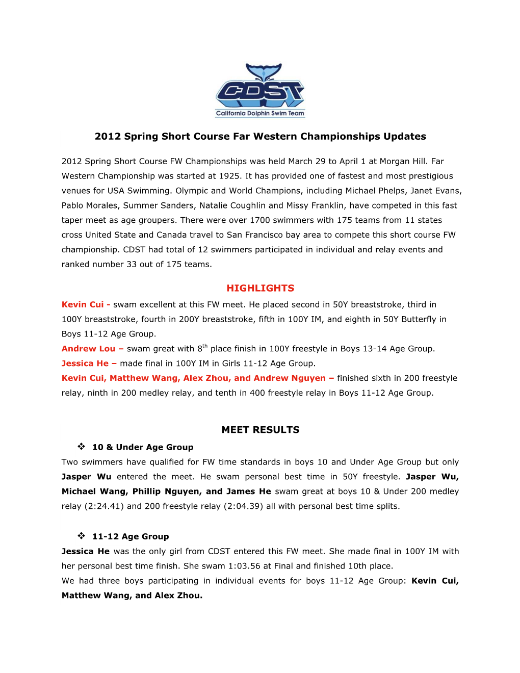 2012 Spring Short Course Far Western Championships Updates