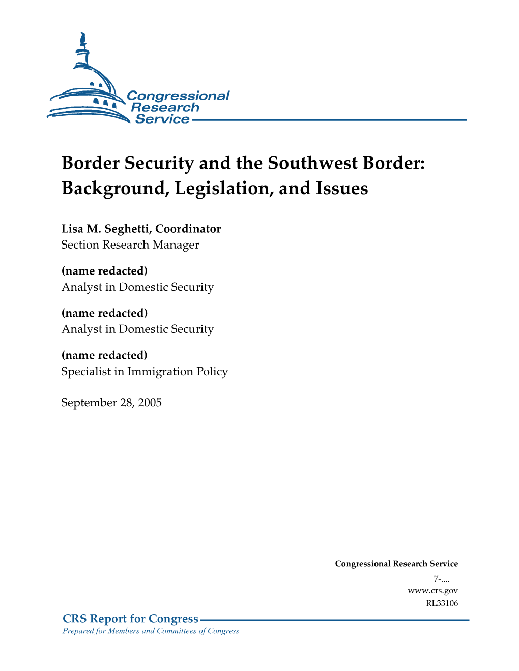 Border Security and the Southwest Border: Background, Legislation, and Issues