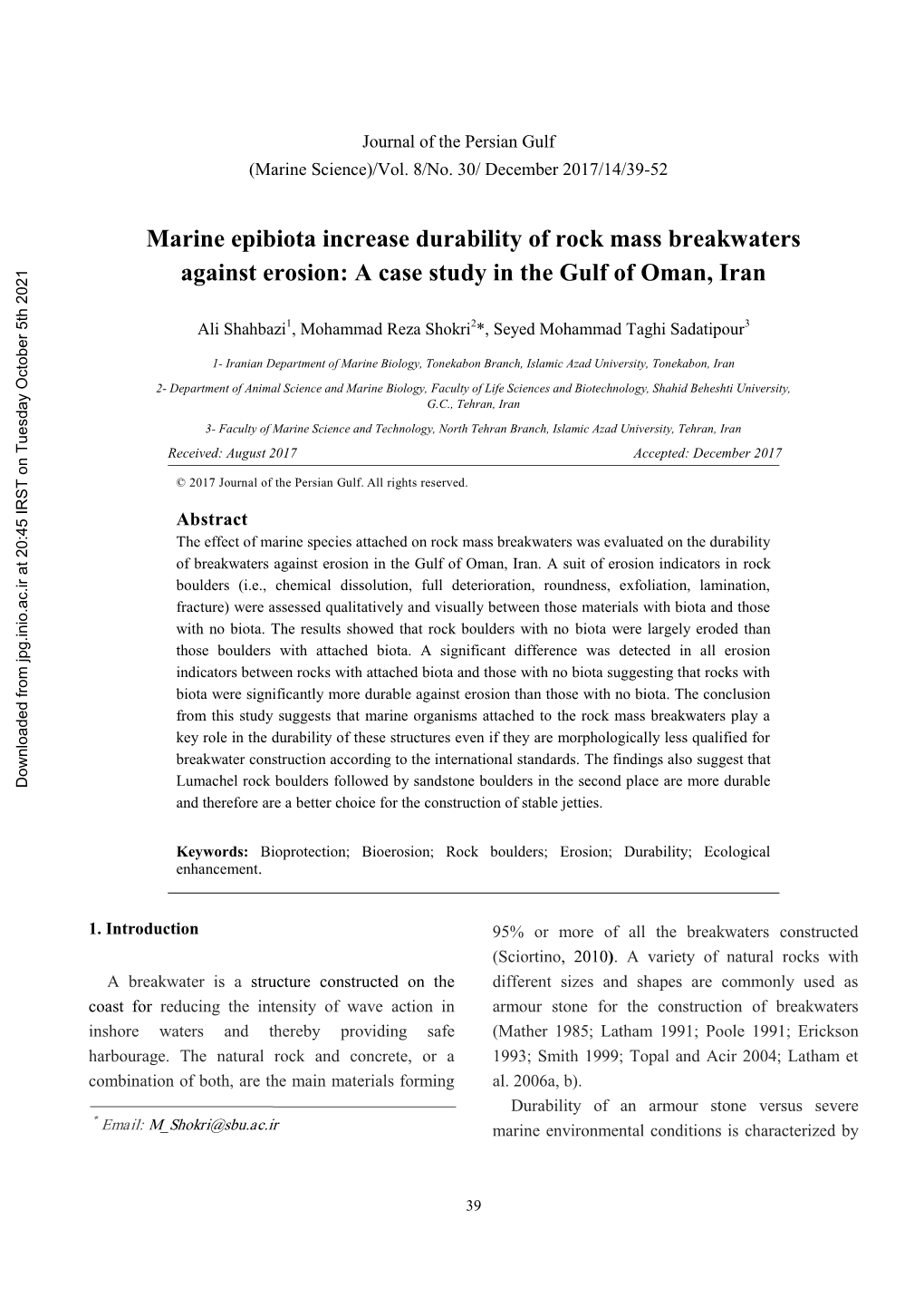 Marine Epibiota Increase Durability of Rock Mass Breakwaters Against Erosion: a Case Study in the Gulf of Oman, Iran