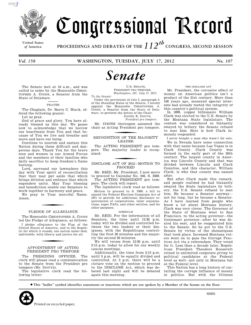 Congressional Record United States Th of America PROCEEDINGS and DEBATES of the 112 CONGRESS, SECOND SESSION