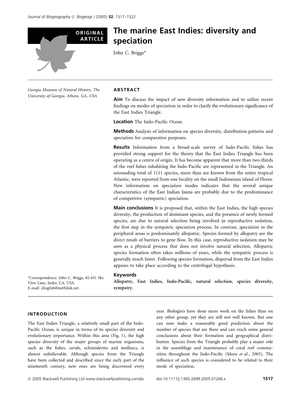 The Marine East Indies: Diversity and ARTICLE Speciation John C