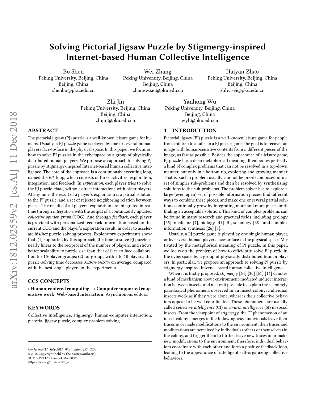 Solving Pictorial Jigsaw Puzzle by Stigmergy-Inspired Internet-Based Human Collective Intelligence