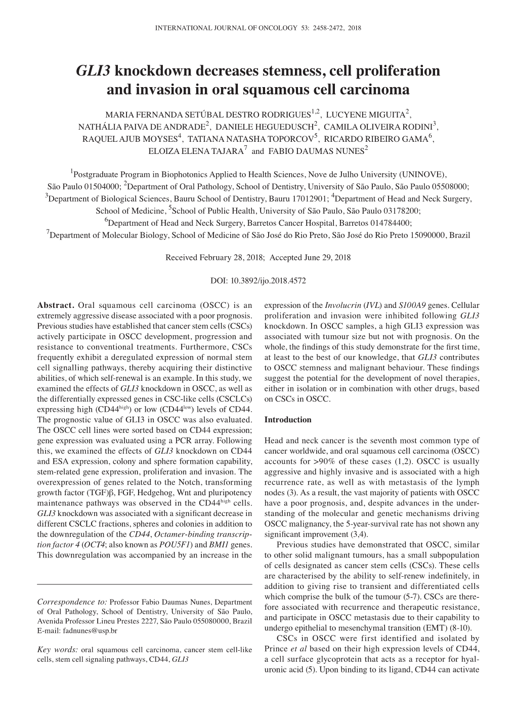 GLI3 Knockdown Decreases Stemness, Cell Proliferation and Invasion in Oral Squamous Cell Carcinoma