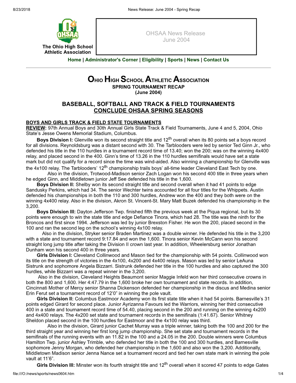 OHSAA News Release June 2004 BASEBALL, SOFTBALL AND