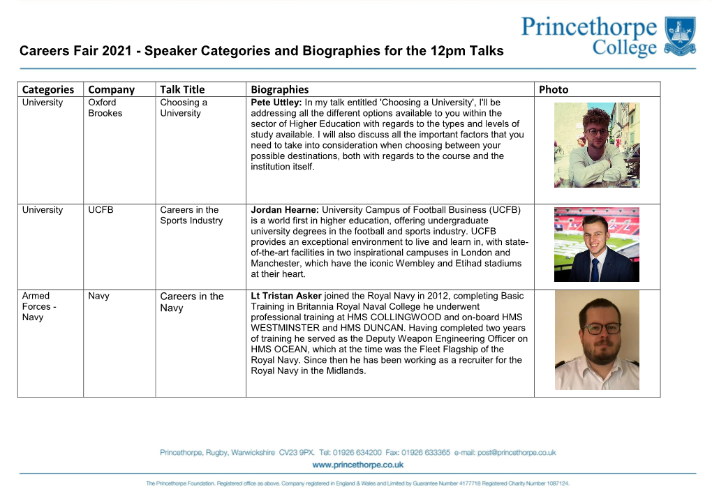 Careers Fair 2021 - Speaker Categories and Biographies for the 12Pm Talks