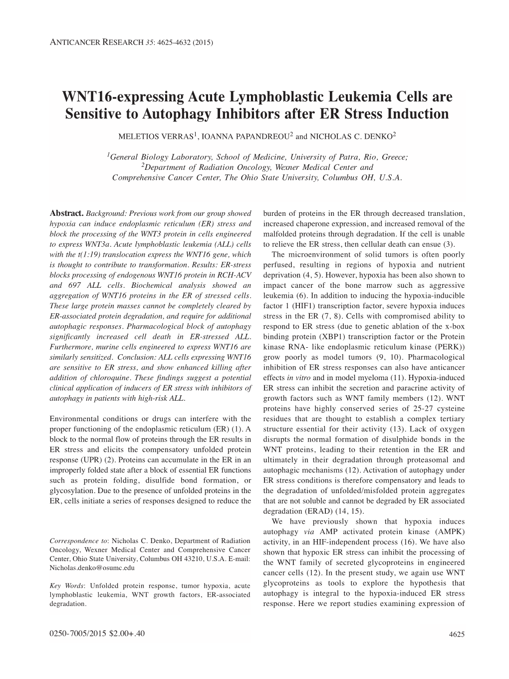 WNT16-Expressing Acute Lymphoblastic Leukemia Cells Are Sensitive to Autophagy Inhibitors After ER Stress Induction