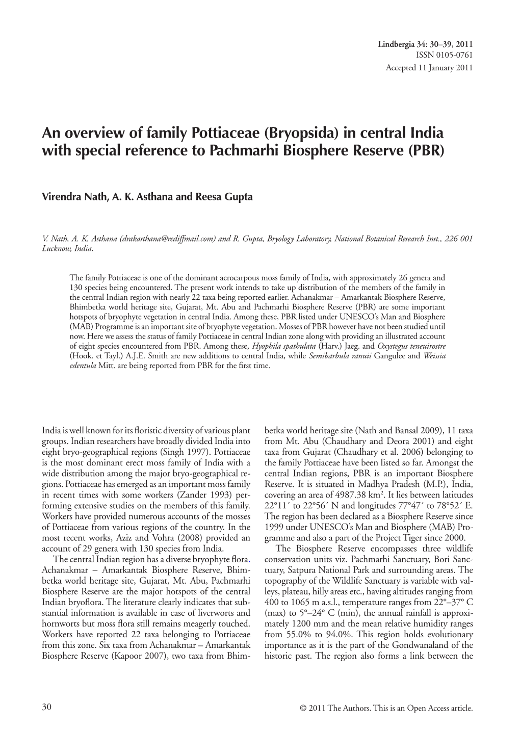 An Overview of Family Pottiaceae (Bryopsida) in Central India with Special Reference to Pachmarhi Biosphere Reserve (PBR)