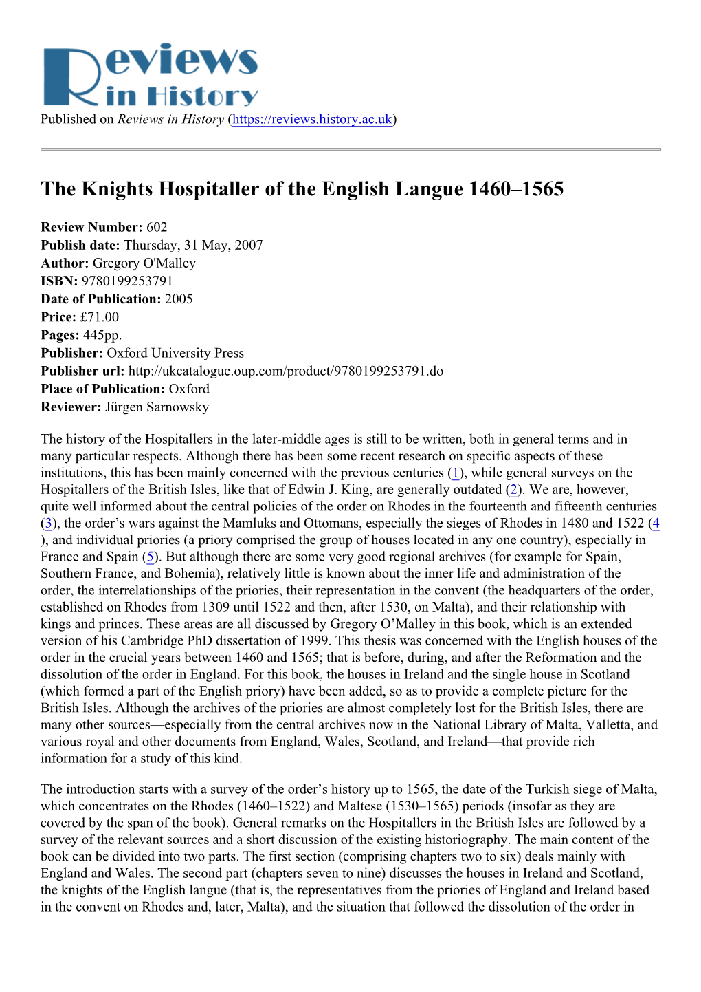 The Knights Hospitaller of the English Langue 1460–1565
