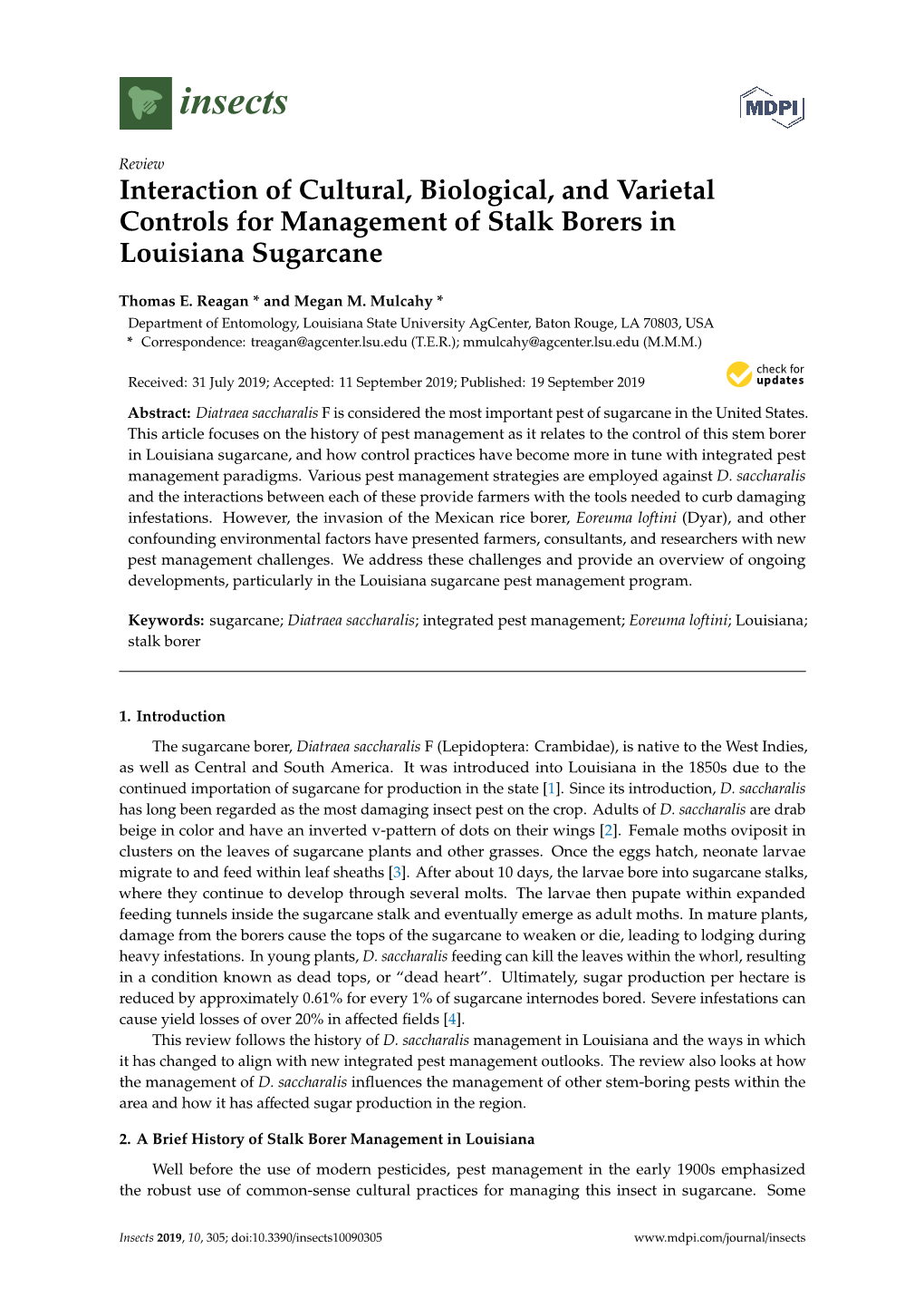 Interaction of Cultural, Biological, and Varietal Controls for Management of Stalk Borers in Louisiana Sugarcane