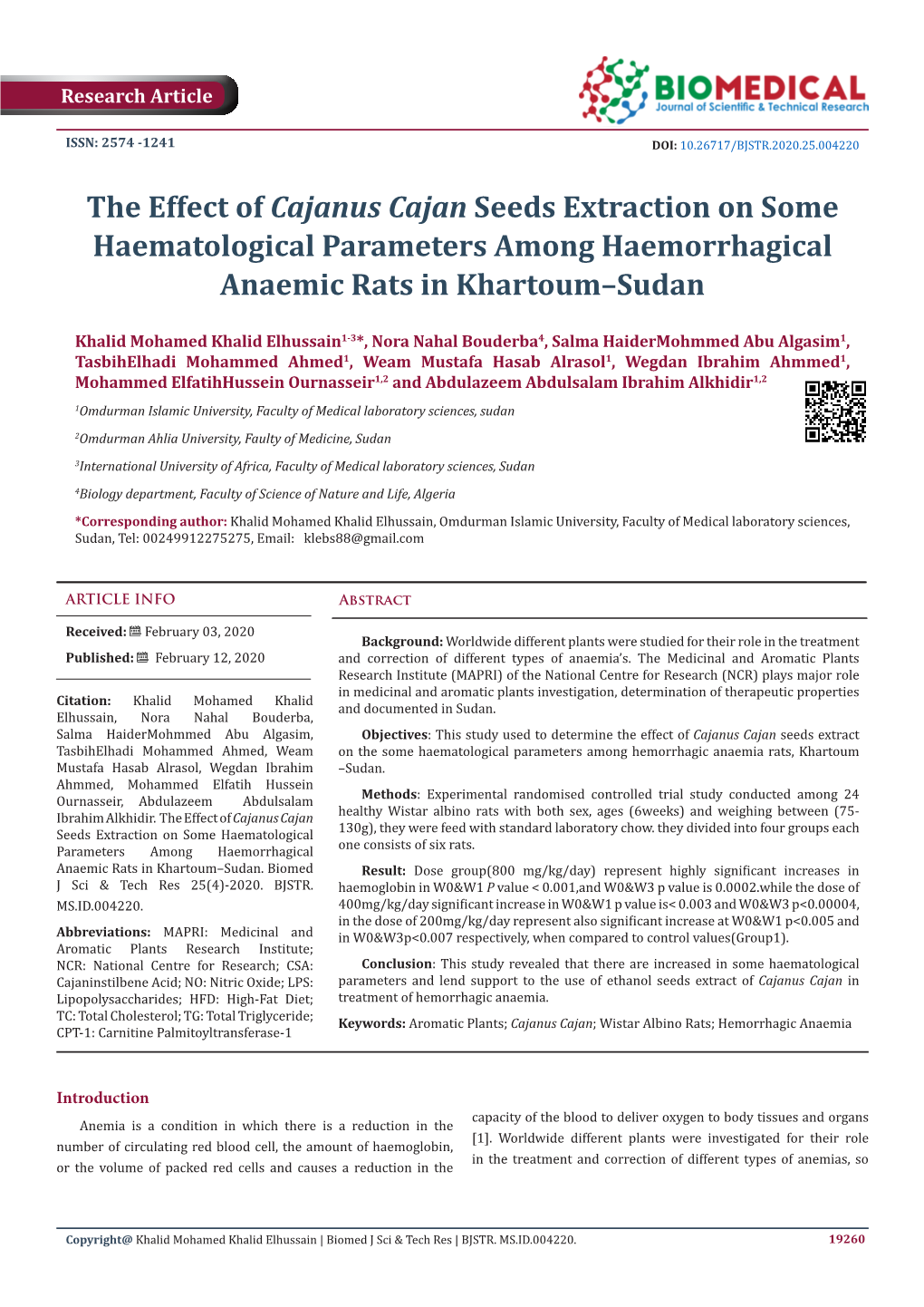 The Effect of Cajanus Cajan Seeds Extraction on Some Haematological Parameters Among Haemorrhagical Anaemic Rats in Khartoum–Sudan