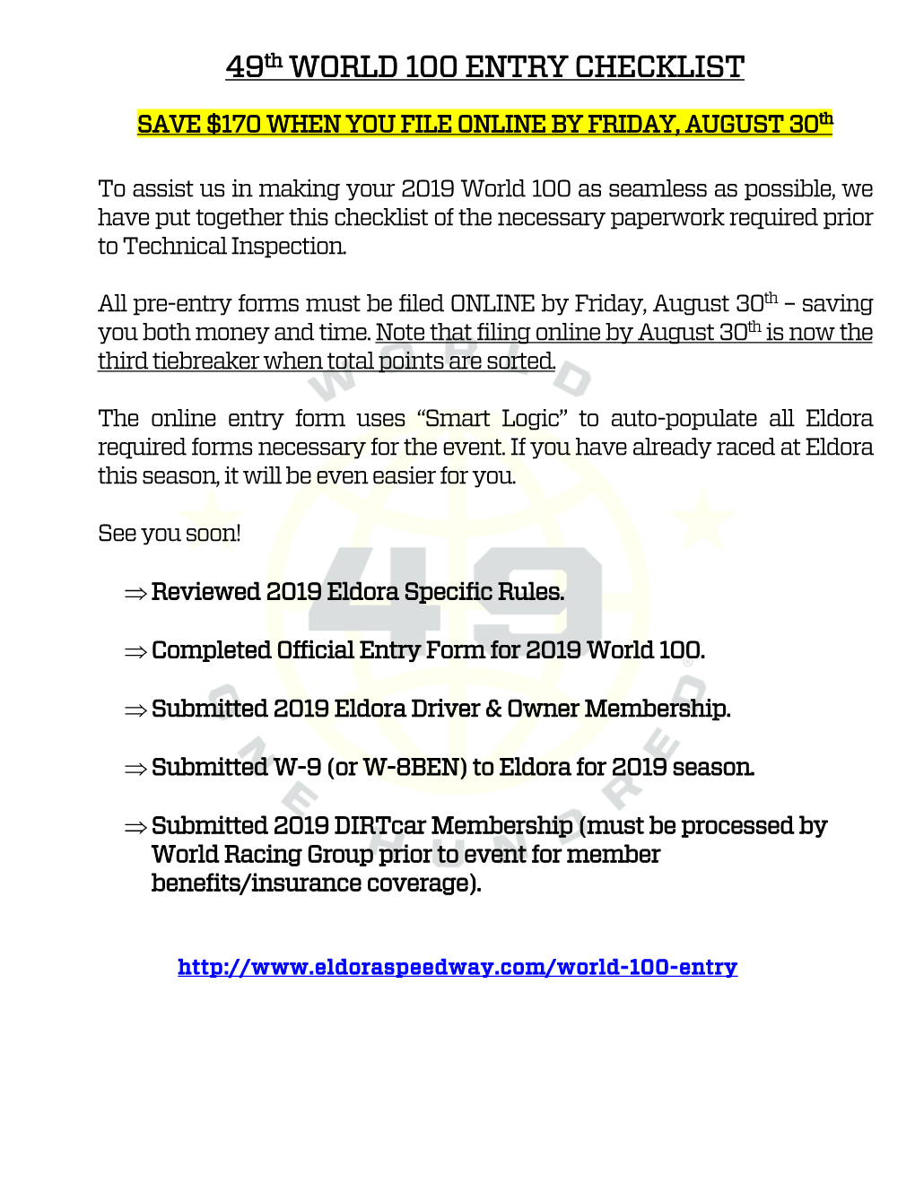 Official Entry Form for 2019 World 100