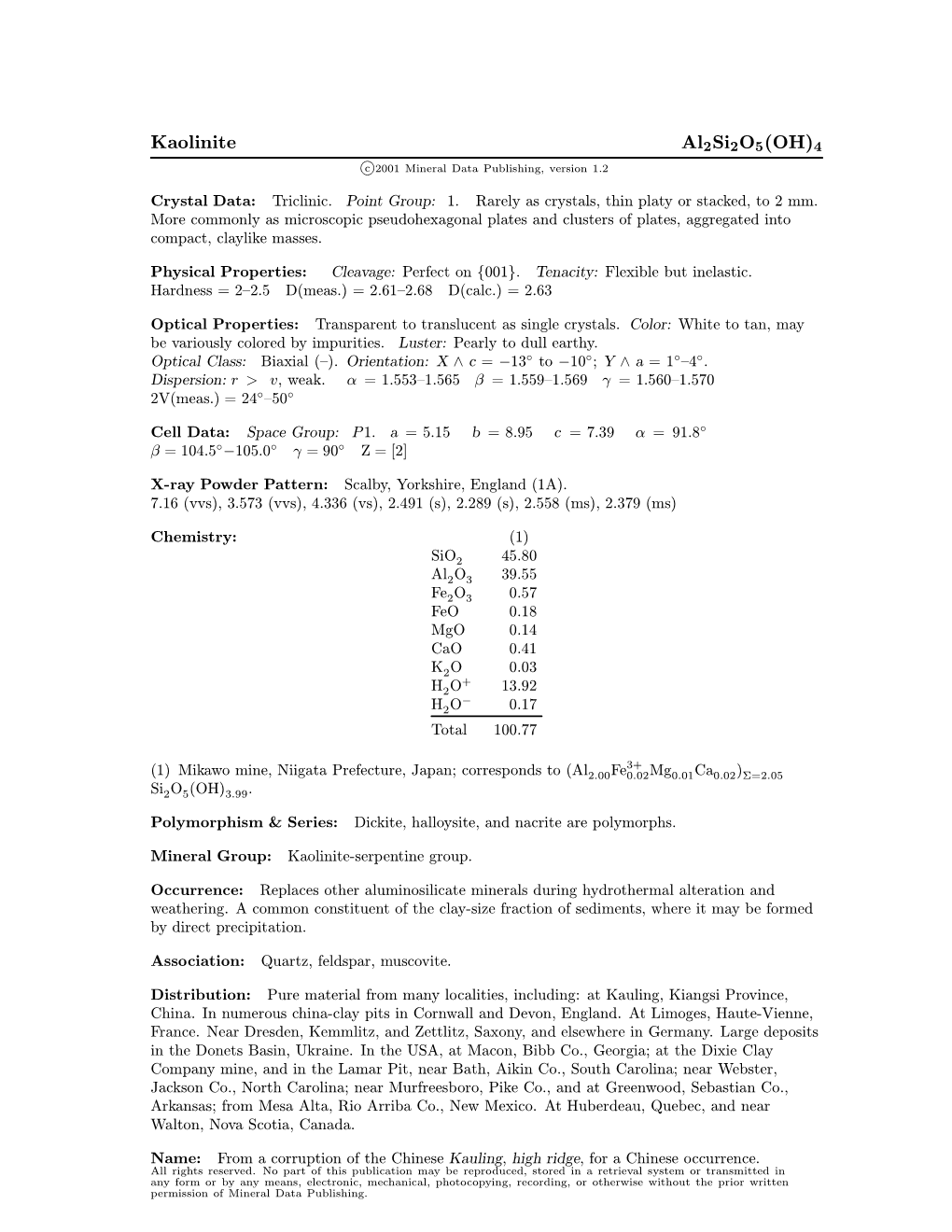 Kaolinite Al2si2o5(OH)4 C 2001 Mineral Data Publishing, Version 1.2 ° Crystal Data: Triclinic