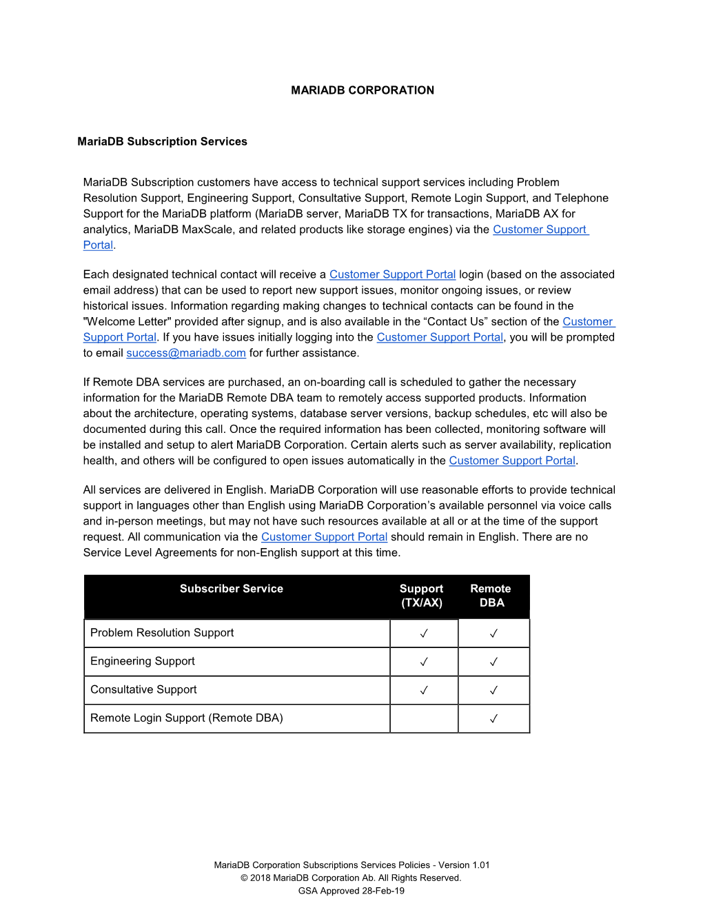 Mariadb Subscription Services Agreement