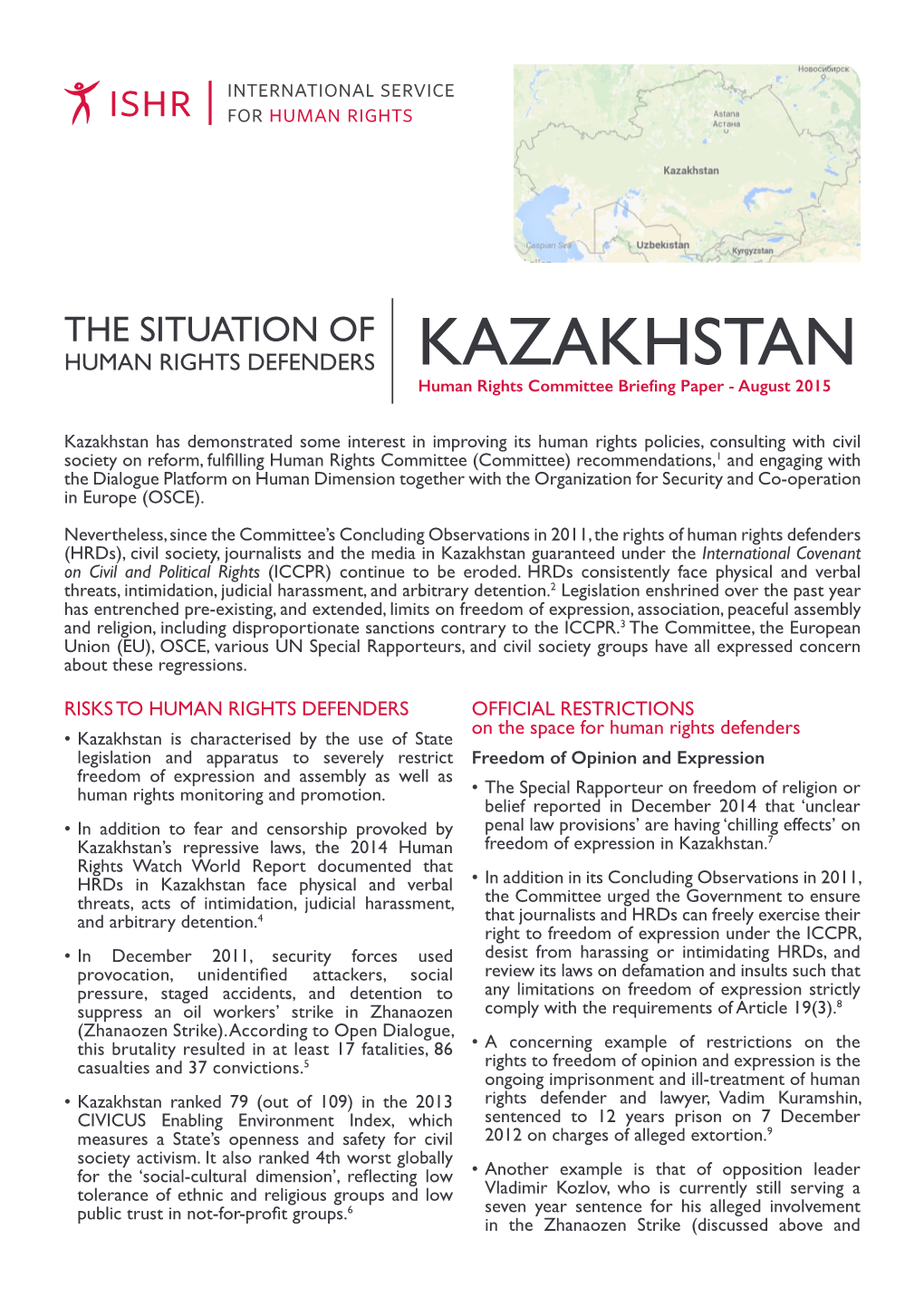 KAZAKHSTAN Human Rights Committee Briefing Paper - August 2015