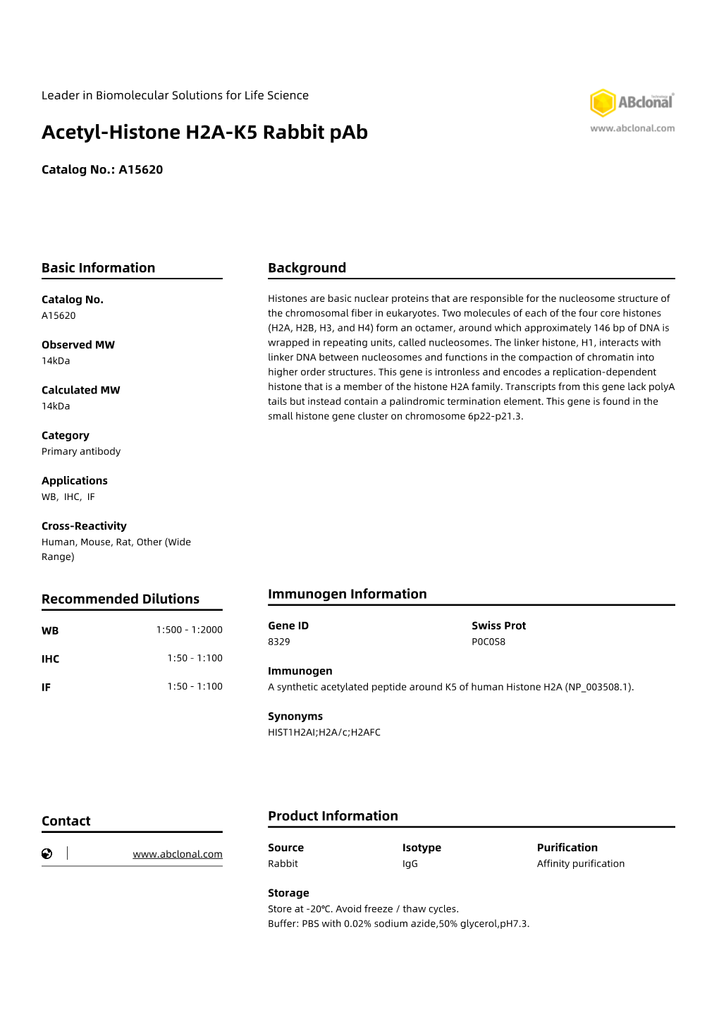 Acetyl-Histone H2A-K5 Rabbit Pab