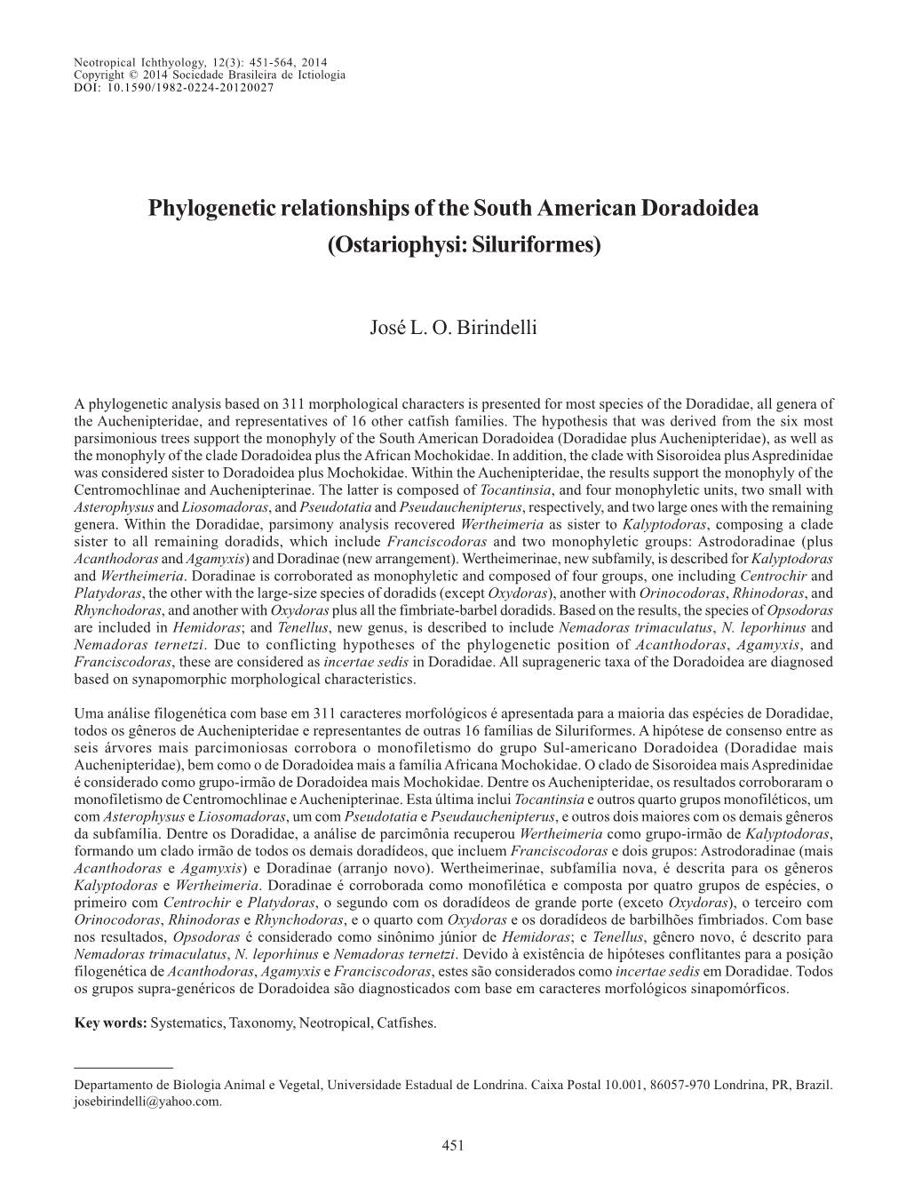 Phylogenetic Relationships of the South American Doradoidea (Ostariophysi: Siluriformes)