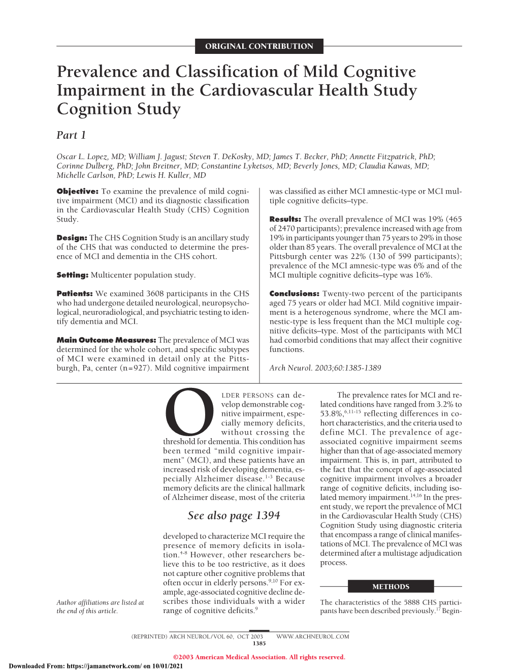 Prevalence and Classification of Mild Cognitive Impairment in the Cardiovascular Health Study Cognition Study Part 1