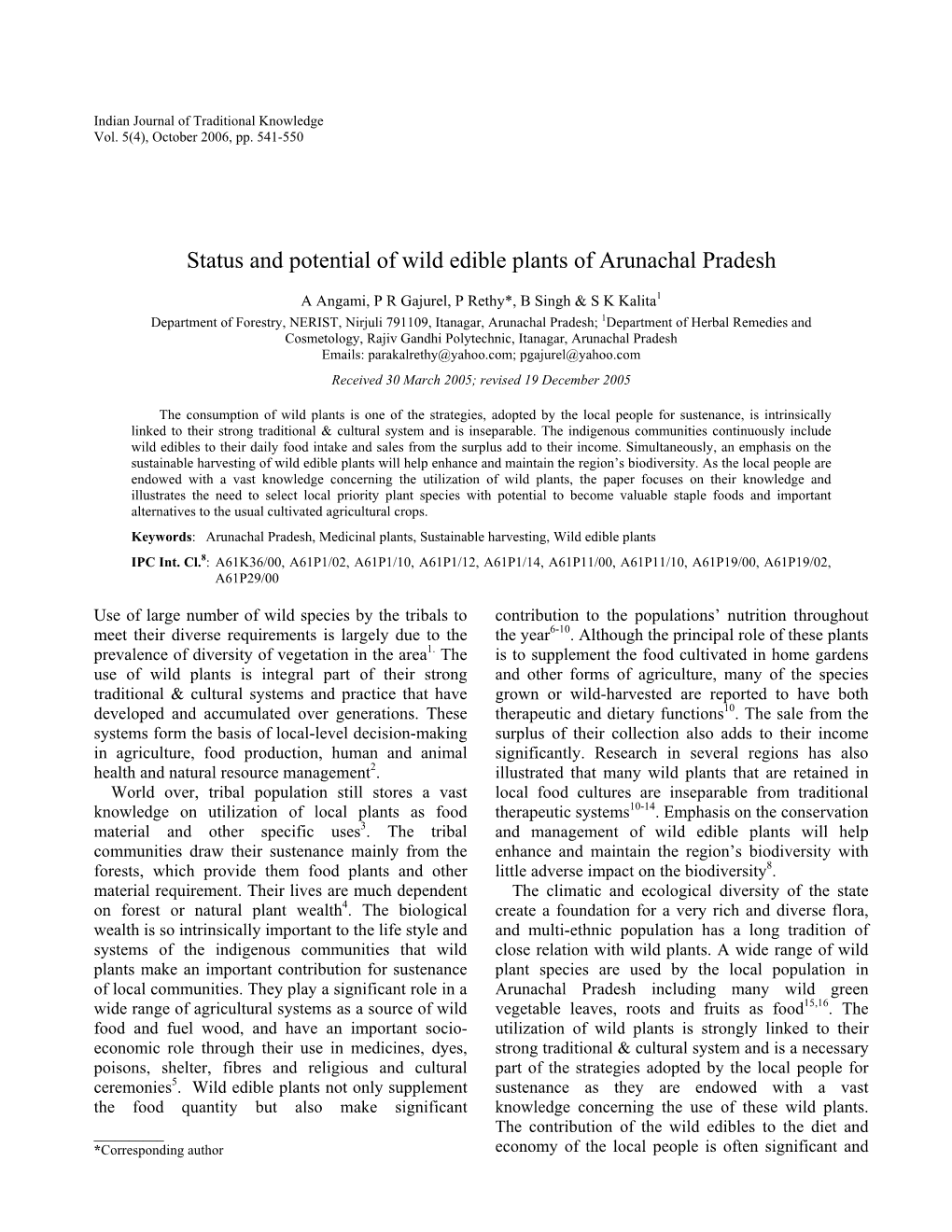 Status and Potential of Wild Edible Plants of Arunachal Pradesh