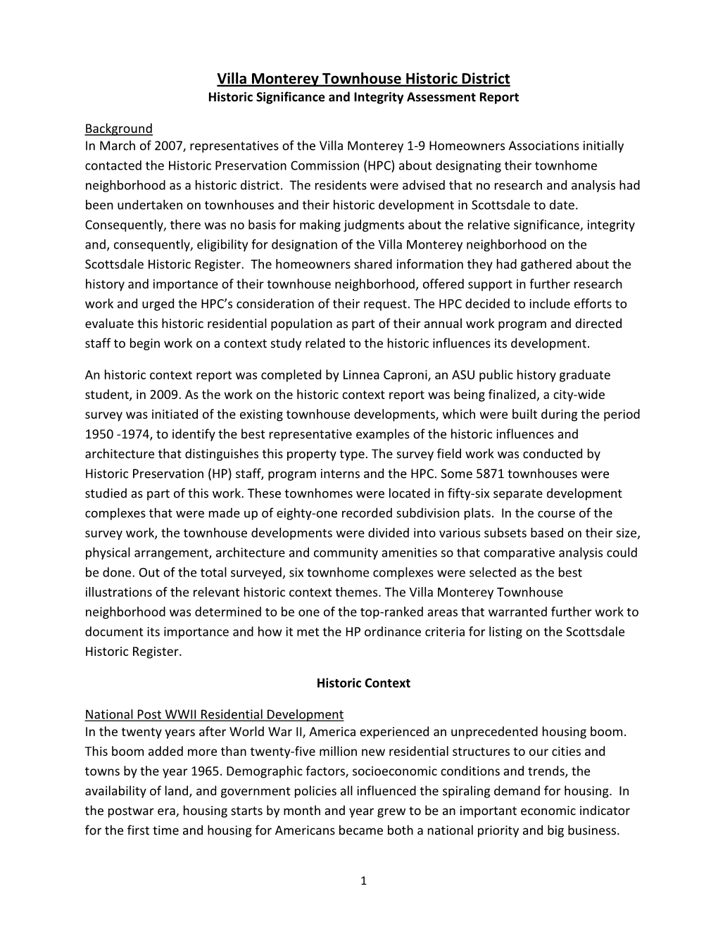 Villa Monterey Townhouse Historic District Historic Significance and Integrity Assessment Report