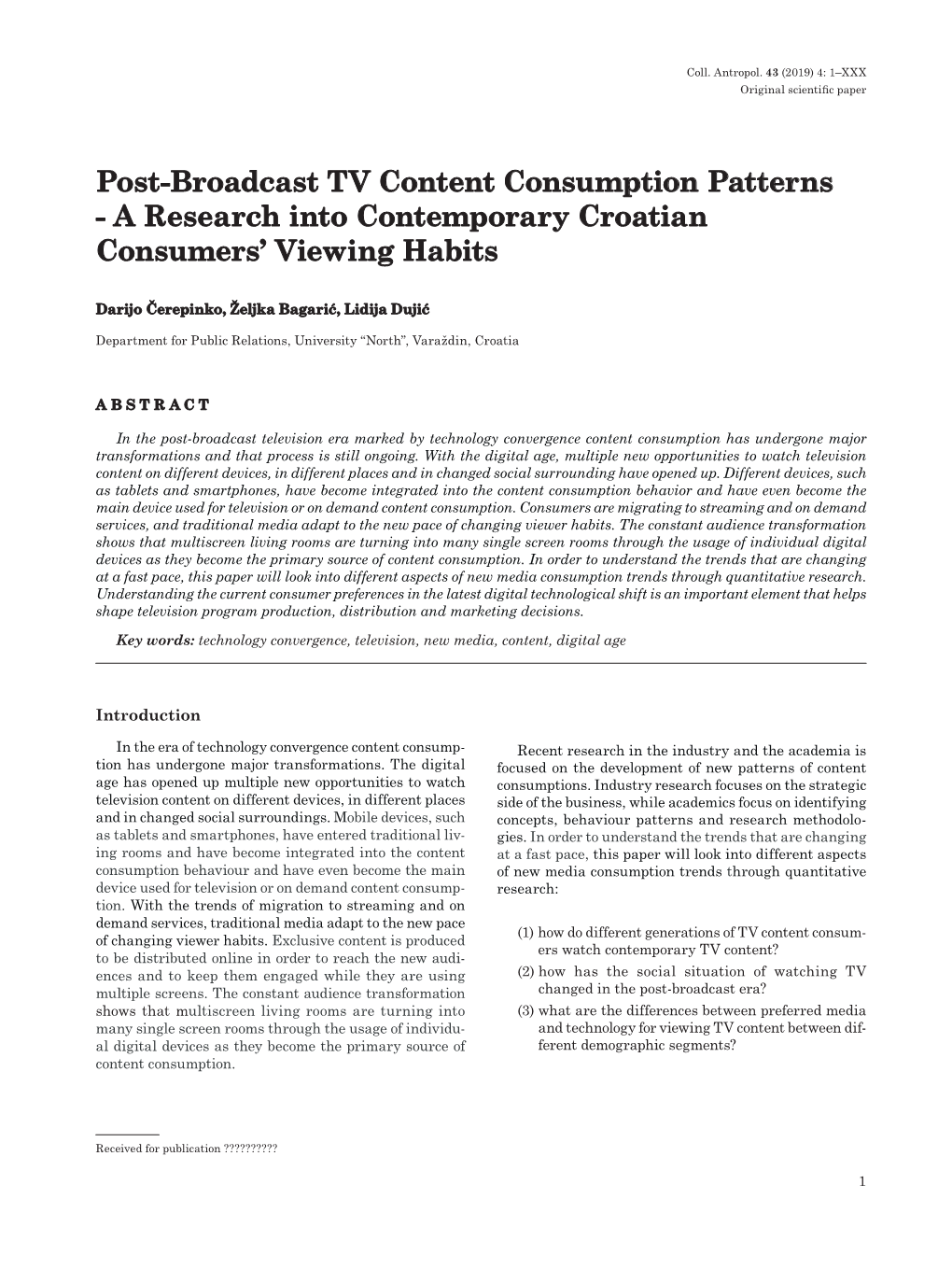 Post-Broadcast TV Content Consumption Patterns - a Research Into Contemporary Croatian Consumers’ Viewing Habits