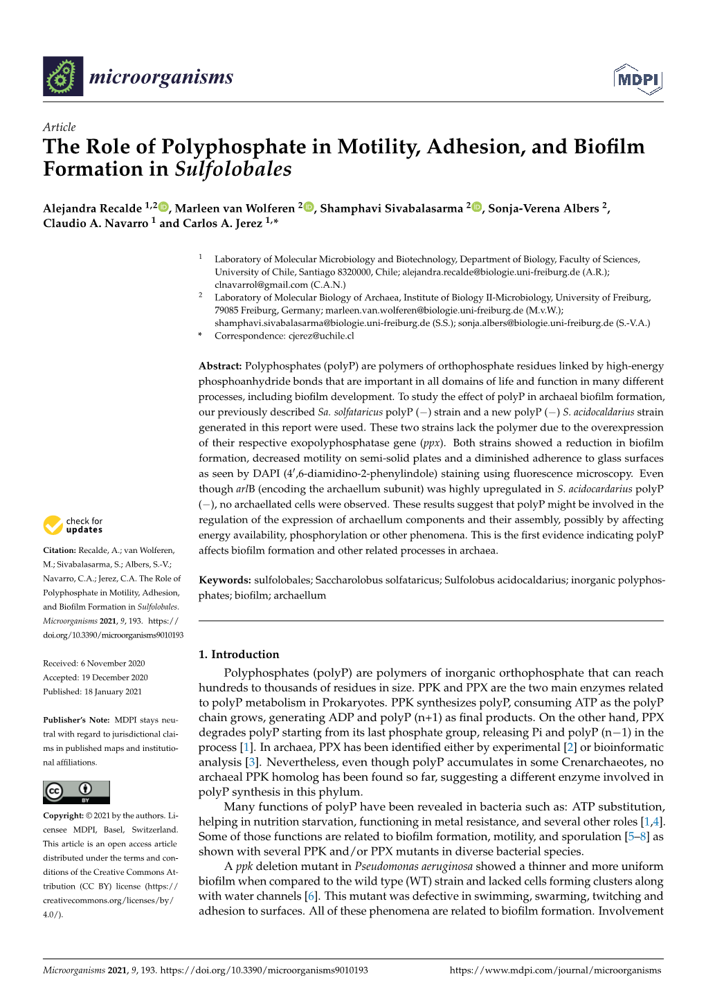 The Role of Polyphosphate in Motility, Adhesion, and Biofilm Formation in Sulfolobales. Microorganisms 2021, 9