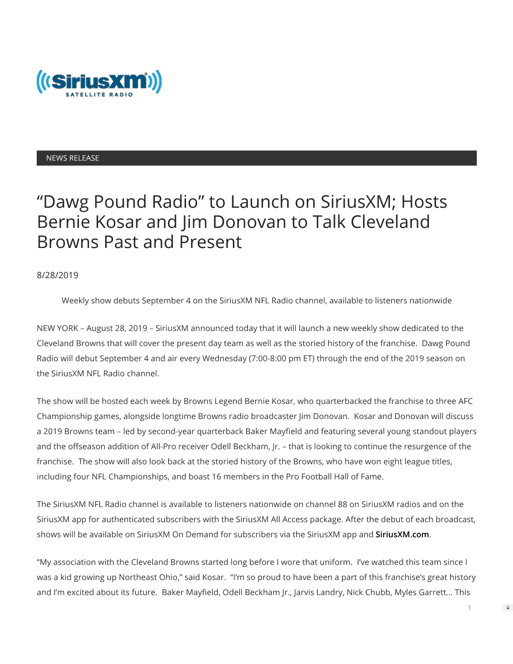 “Dawg Pound Radio” to Launch on Siriusxm; Hosts Bernie Kosar and Jim Donovan to Talk Cleveland Browns Past and Present