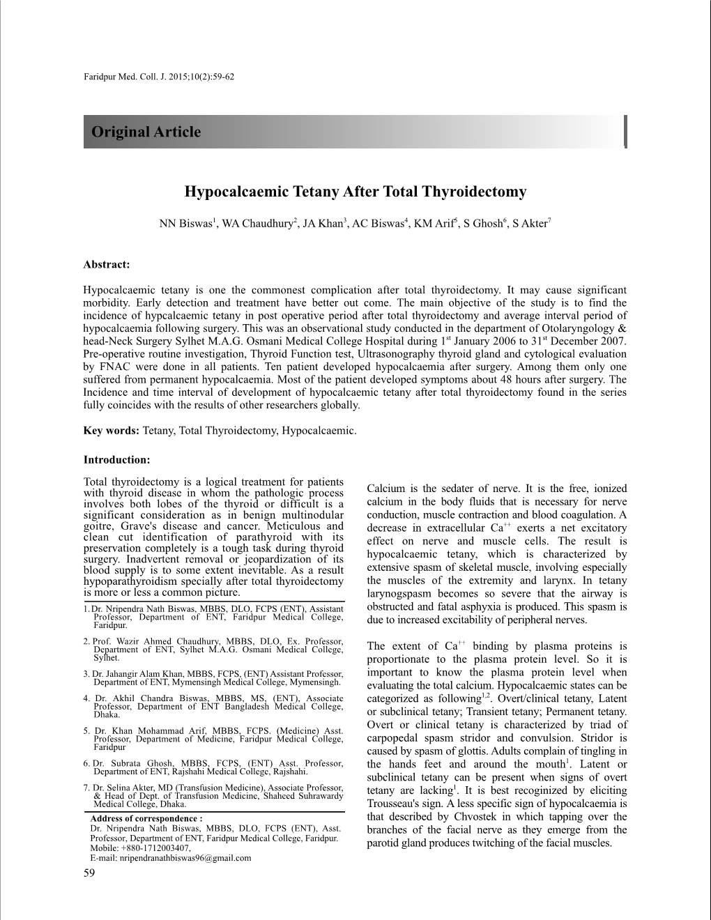 Hypocalcaemic Tetany After Total Thyroidectomy Original Article