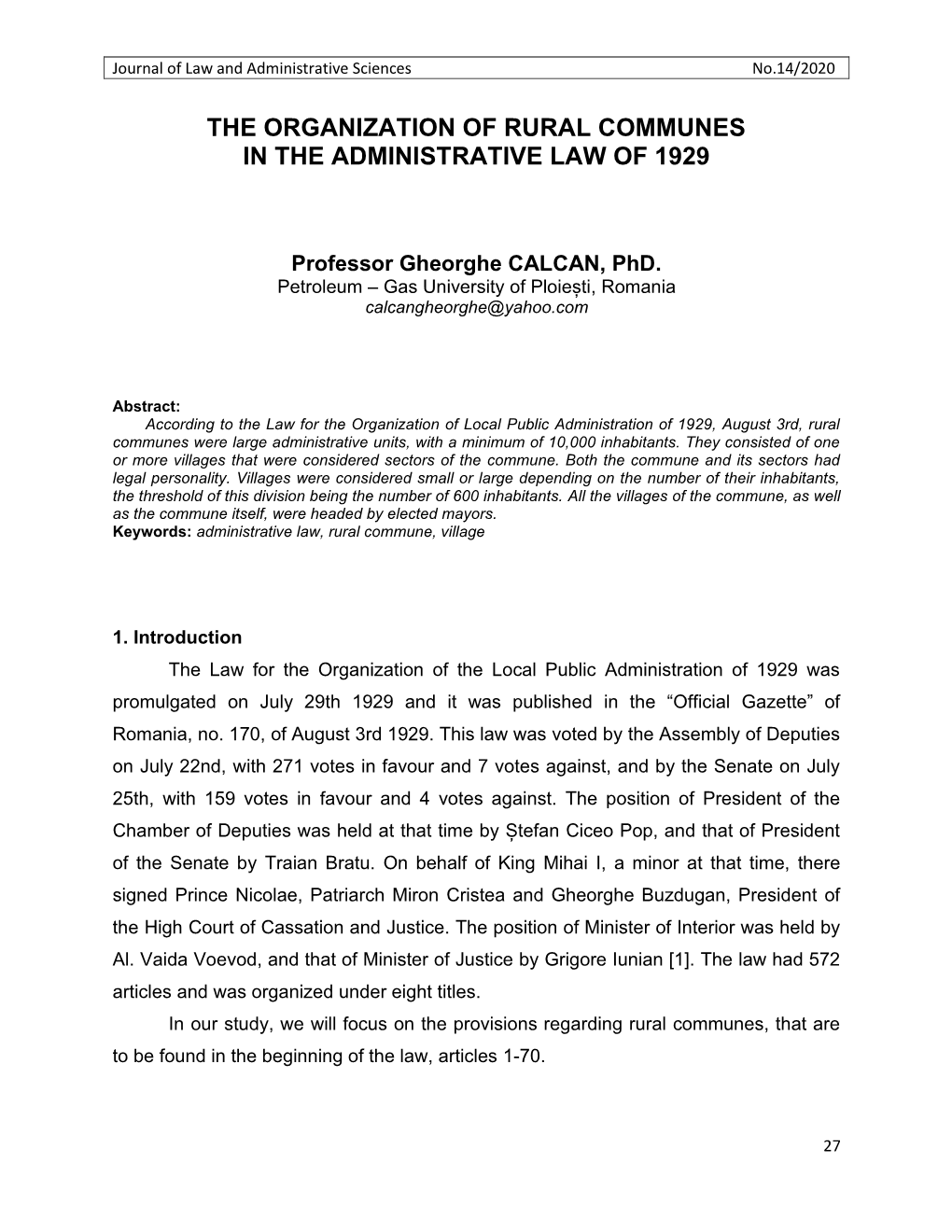 The Organization of Rural Communes in the Administrative Law of 1929